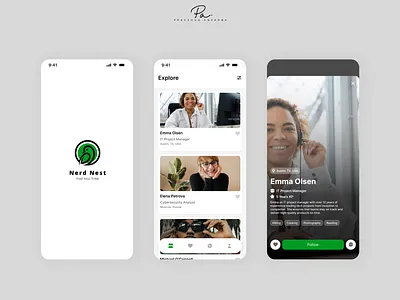 NerdNest – Connect with Tech Minds branding chat community explore explore page like logo mobile app networking networking app profile social app social media ui user profile ux