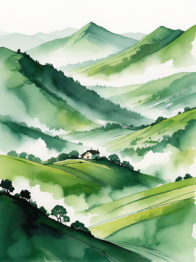 Whispers of the Hills calming gallery green hills hillside illustration landscape misty modern nature valley watercolor
