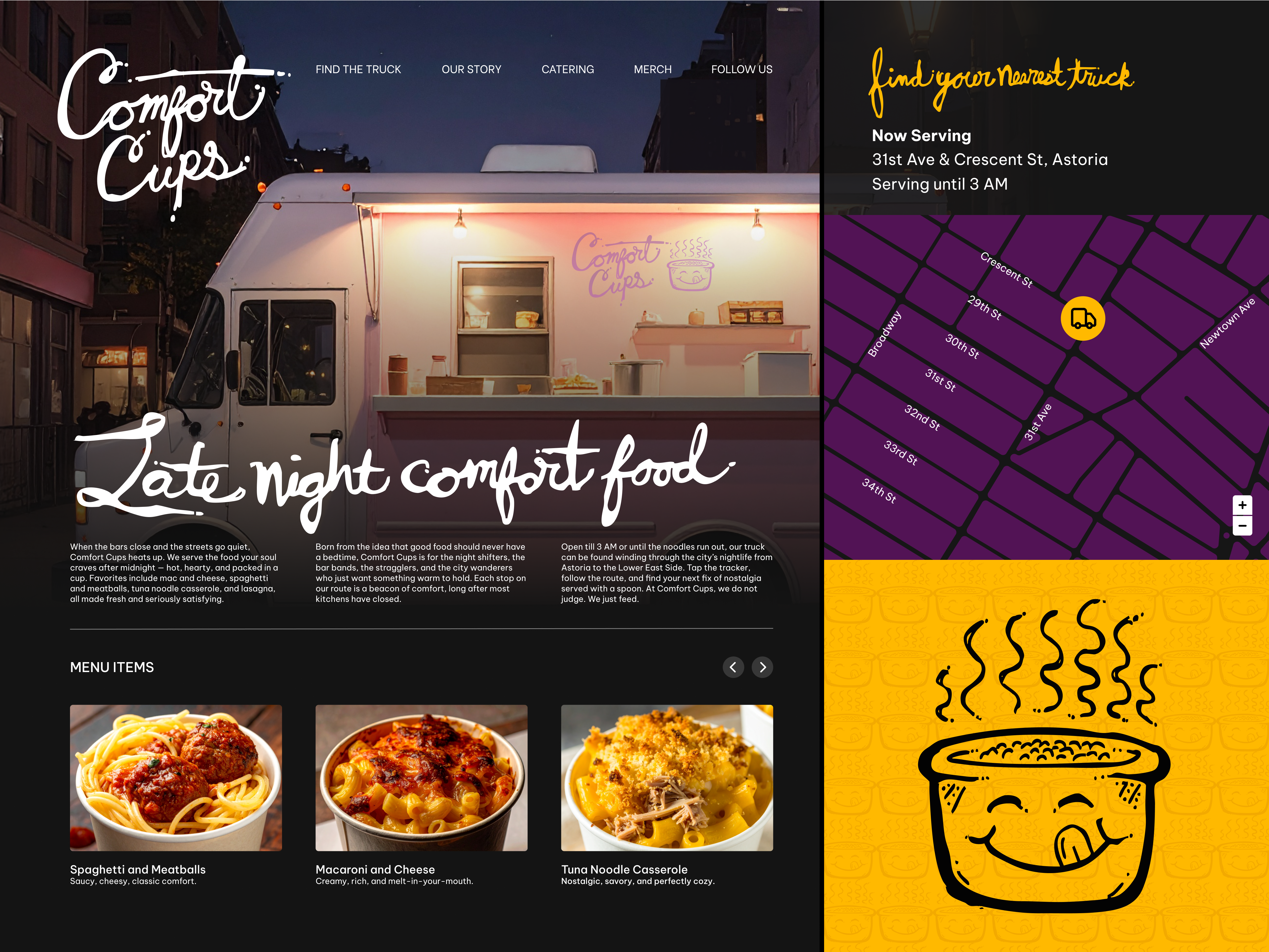 Late Night Food Truck Tracker | Daily UI #020 comfort food concept design dailyui20 food truck ui location tracker map design night mode ui restaurant app ui ui design
