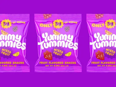 Yummy Tummies Identity & Packaging branding cpg branding fruit snacks gummy hand lettered logo hand lettering lettering ligature logo logotype packaging purple type typography visual identity wells wells collins yum