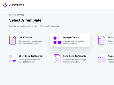 UserEvidence Template Selection UI app b2b cursor flat hover onboarding preset saas select shadow simple subtle survey template ui userevidence ux web