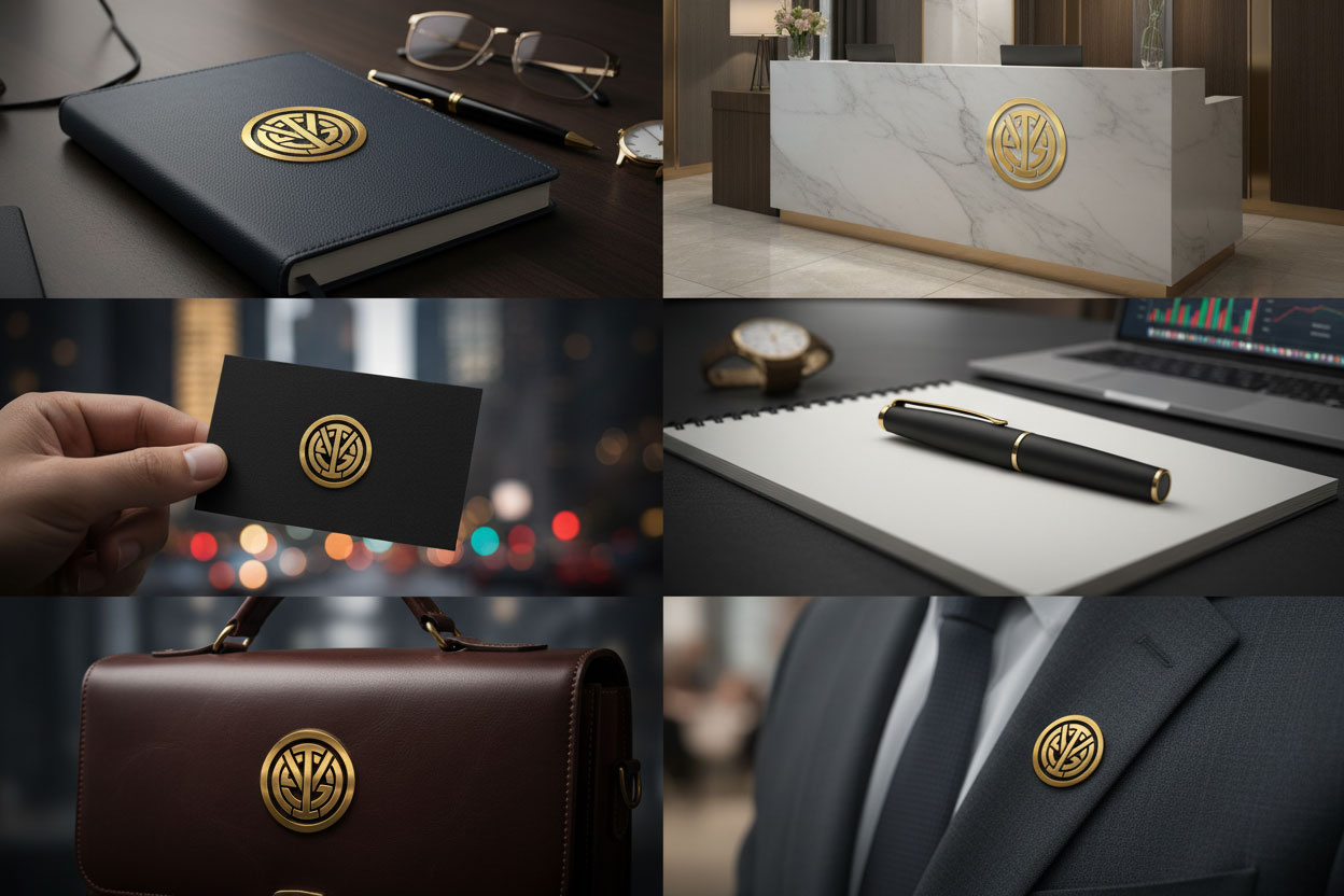 The Gold Standard Identity: Professional Branding Mockups branding business card corporate embossing executive gold identity lapel pin leather logo design luxury mockup monogram professional stationery