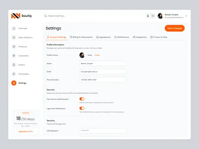 Boutiq — Dashboard Account Settings UI account setting admin panel dashboard dashboard account dekstop design ecommerce fashion fashion sales minimalist modern design online shop sales dashboard sales tracking settings ui uidesign uiux ux uxdesign