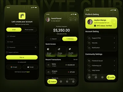 Infinyte Club — Investment & Finance App UI appdesign crypto analytics crypto currency currency exchange finance app financeapp financial app design financialdashboard fintech fintech app fintech mobile app investment investmentapp mobile mobileappdesign portfolio uiuxdesign ux finance wallet wealthmanagement