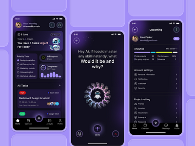 AI Task Planner Mobile App Design ai app ai app design ai interface ai mobile app daily planner dark mode design dashboard app futuristic ui mobile app concept mobile ui productivity app smart assistant task management task planner ux design