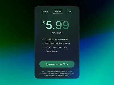 Subscription Card Design/ Glassmorphism UI card card design dark mode figma glass design glassmorphism spotify subscription ui uiux ux