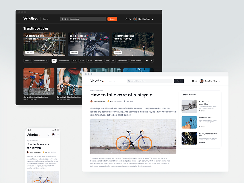 Veloflex Blog Pages bicycle blog dark ui design e commerce interface logo minimal ui voit team web website