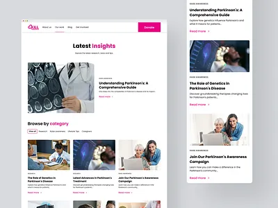 🧩 Kill Parkinson’s Website Redesign: Blog page article blog button care content filter header health hero link pink post section subtitle tag title website