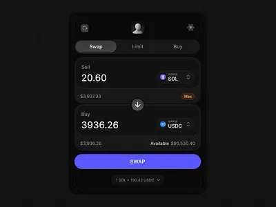 Crypto Swap Interface – Dark Mode crypto swap dark fintech solana token swap trading ui wallet web3