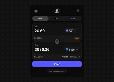 Crypto Swap Interface – Dark Mode crypto swap dark fintech solana token swap trading ui wallet web3