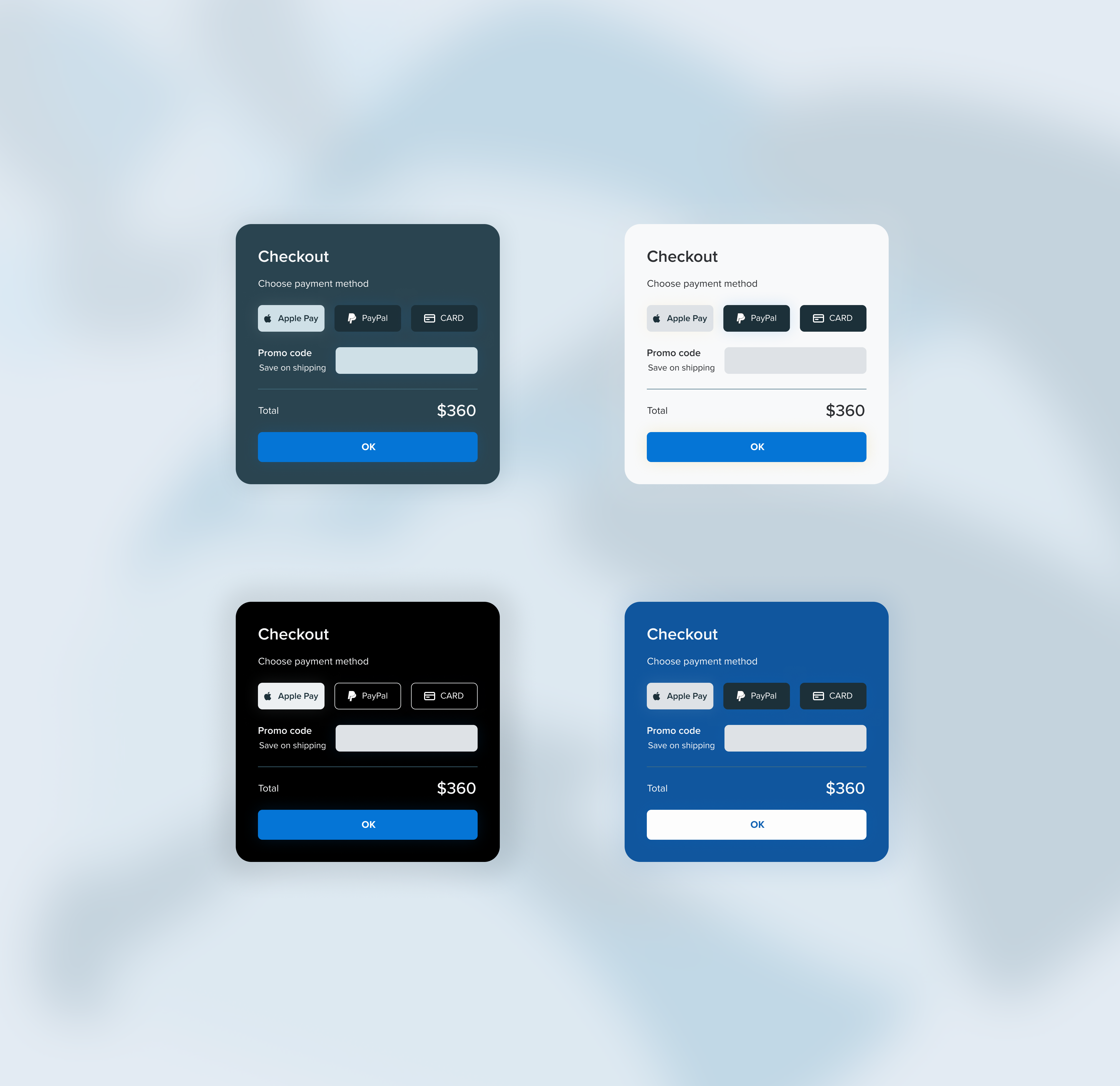 Color & Clarity: Exploring Checkout UI Variations checkoutdesign cleanaesthetic colorpsychology colorstudy darkui designsystem minimaldesign modernui uicheckout uidesignmodern uiexperiment uiinspiration userfocusdesign userinterface uxcheckout