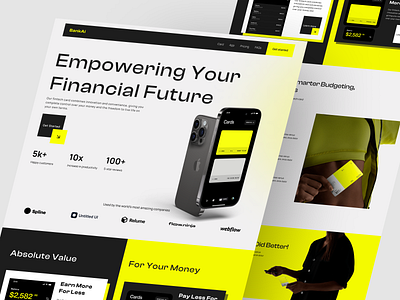 BankAI - Fintech Landing Page black and yellow bold call to action cards clean cta daily ui elegant fintech fintech landing page futuristic landing page navbar neubrutalism typography ux yellow