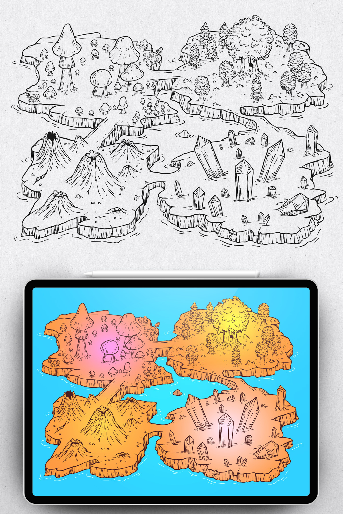 Game map cartoon child doodle fantasy game illustration isometric map vector