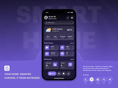 Smart Home App UI - Control, Comfort & Clarity 3d animation branding dark theme data driven design data visualization energy dashboard futuristic app graphic design logo minimal ui mobile dashboard motion graphics smart automation smart home analytics smart living ui uiux design user insights