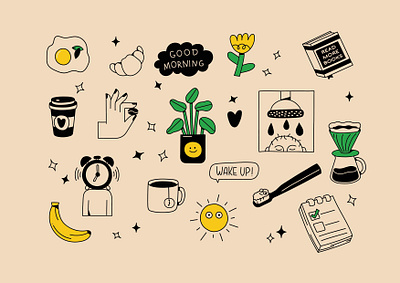 Morning set banana book branding coffee egg flat flower graphic design illustration morning mug plant shower sticker sun to do to go v60 vector