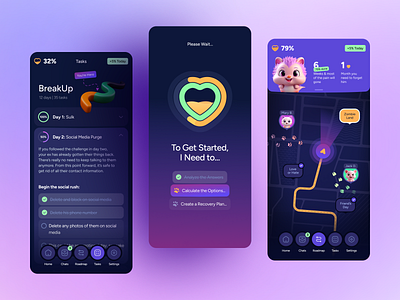 Breakup Recovery App Design android app app design app interface daily challenge dark ui emotional wellness figma design gamified app ios mental health mobile mobile app mobile ui product design self care ui ux