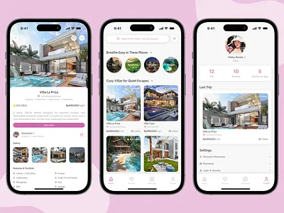 Modern Villa Booking UI - Booking App Concept for Villas airbnb design book app book apps booking apps booking hotel booking hotel apps booking mobile app booking villa booking villa app detail mobile design detail ui design homepage ui design mobile apps pink design pink mobile app pofile mobile app profil ui design villas booking app