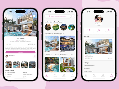 Modern Villa Booking UI - Booking App Concept for Villas airbnb design book app book apps booking apps booking hotel booking hotel apps booking mobile app booking villa booking villa app detail mobile design detail ui design homepage ui design mobile apps pink design pink mobile app pofile mobile app profil ui design villas booking app
