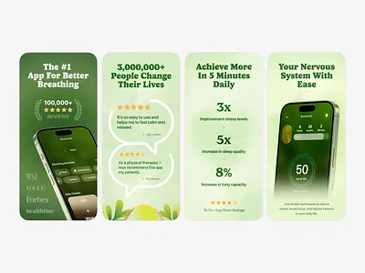 App Store Screenshots | Breatheo Breathing & Wellness App androiddesign appdesign appmarketing appscreens appstore availableforwork breathingapp healthapp iosdesign meditationapp mindfulness mobiledesign playstore productdesign screenshots uidesign uiux wellnessapp