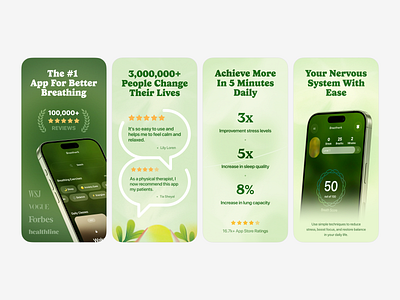 Premium App Store Screenshots | Breatheo Breathing & Wellness Ap androiddesign appdesign appmarketing appscreens appstore availableforwork breathingapp healthapp iosdesign meditationapp mindfulness mobiledesign playstore productdesign screenshots uidesign uiux wellnessapp