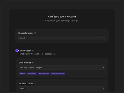 Configure campaign assessment b2b b2c clean configure dark mode minimal modal product design progress saas select steps test web app