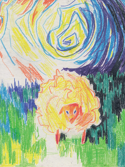 Овца 2022г 12*16см, бумага, цветные карандаши