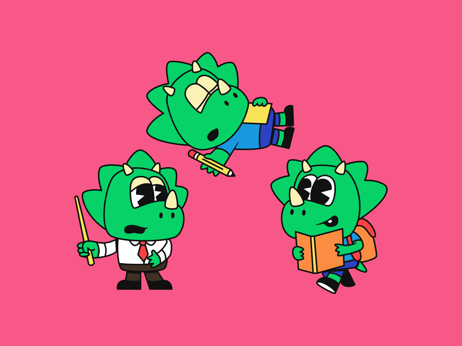 Education Triceratops 🏫🧑‍🏫🎒 branding business cute dino education fun green illustration kids logo mascot pink presentation retro student study triceratops ui vector