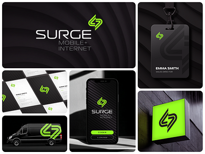 Surge Mobile + Internet: Logo & Brand Grid app branding branding design business card design environment environmental design graphic design icons identity lanyard logo logo design mobile mobile design packaging ui web design website