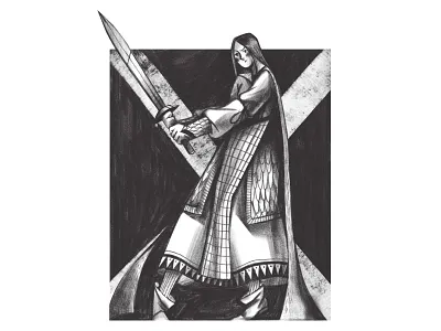 the knight brave cartoon character fairy tale fantasy girl illustration knight medieval retro sketch style sword texture vintage warrior weapon woman