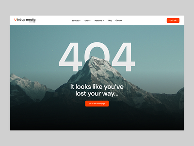 404 page for performance and ecommerce agency LVL UP 404 page graphic design landing page light theme minimal mountains nature orange ui web design website design