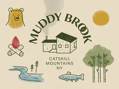 Muddy Brook Cabin airbnb branding flat graphic design house illustration logo minimal nature simple vacation visual identity watercolor woods