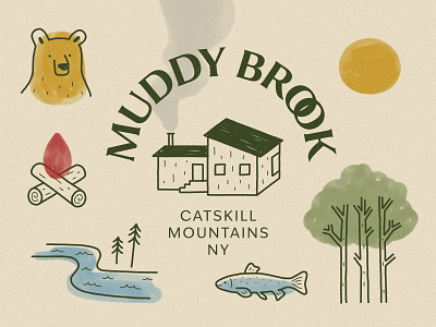 Muddy Brook Cabin airbnb branding flat graphic design house illustration logo minimal nature simple vacation visual identity watercolor woods