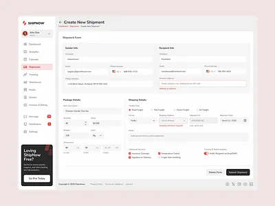 ShipNow - Create New Shipment Page dashboard delivery desktop design digital design figma logistics management mobile ui responsive shipment shipping ui ui design ui i ui inspiration ui showcase ui trends uiux ux design web app