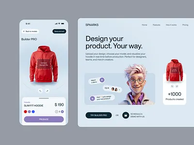 Custom Apparel Builder — Made Smarter with AI 🤖 3d illustration ai assistant ai design ai tool app design apparel builder customizer hero section landing page merch builder minimal design mockup generator modern design product design product visualization ui design web design
