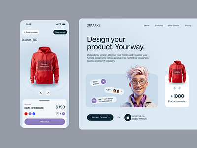 Custom Apparel Builder — Made Smarter with AI 🤖 3d illustration ai assistant ai design ai tool app design apparel builder customizer hero section landing page merch builder minimal design mockup generator modern design product design product visualization ui design web design