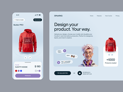 Custom Apparel Builder — Made Smarter with AI 🤖 3d illustration ai assistant ai design ai tool app design apparel builder customizer hero section landing page merch builder minimal design mockup generator modern design product design product visualization ui design web design