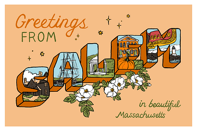 Greetings from Salem ephemera halloween handdrawn illustration maritime postcard salem salem ma tourism travel vintage witch
