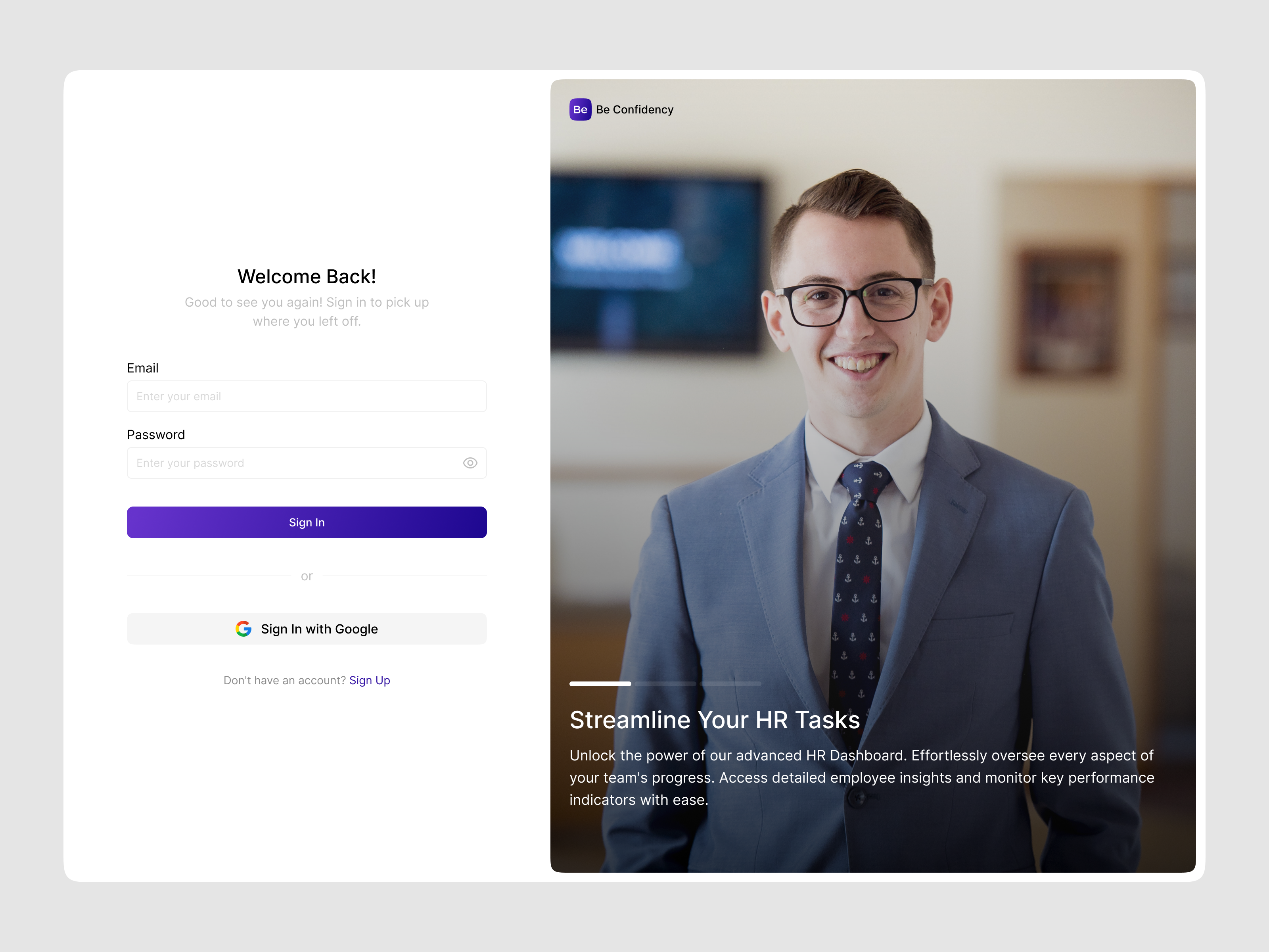 HR Dashboard – Login & Sidebar UI Design | Be Confidency interface product service startup ui ux web