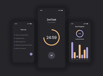 ZenTask: Productivity App Dark Mode UI/UX dark mode dashboard mobile app modern design progress tracker