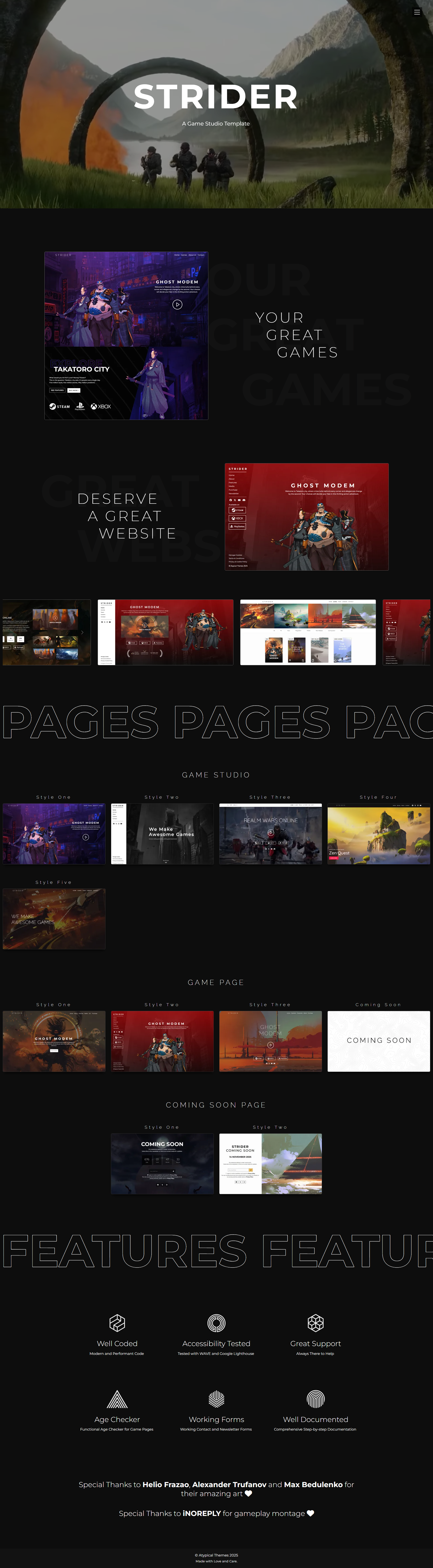 STRIDER - Game Studio Template Demo Page design game site template ui web webdesign