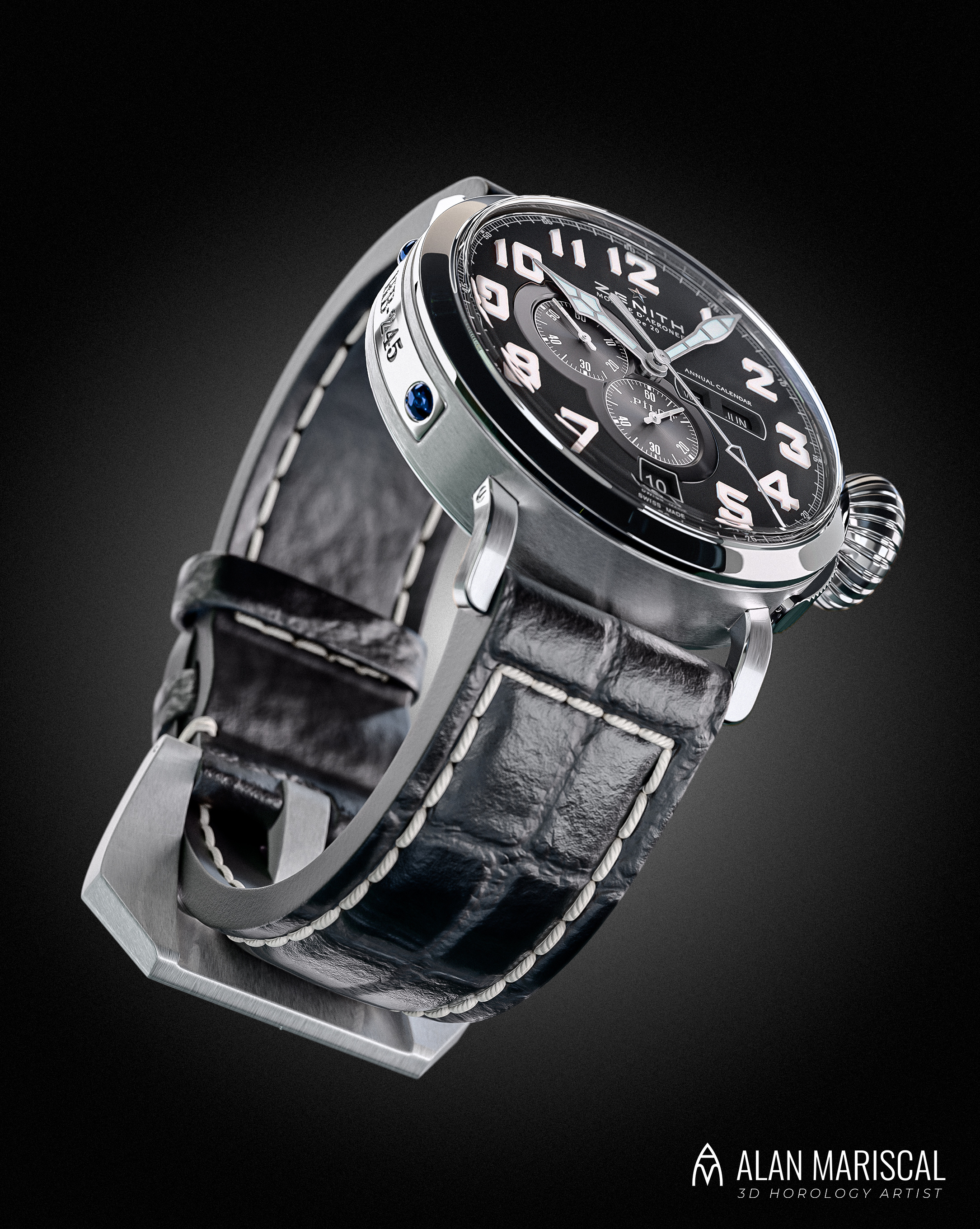 Zenith Pilot Wristwatch Product Visualization - Advertising 3d 3dvisualization advertisement alanmariscal blender colima graphic design horology jewelry mexico productvisualization timepiece watchdesign watches watchrendering