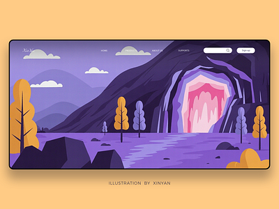 Cave landscape illustrations 2 adventure art background cave digital environment fantasy illustration landscape illustration mountain mountains nature outdoor purple scenery travel trees vector web website