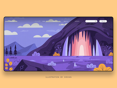 Cave landscape illustrations 1 adventure background cave environment fantasy illustration landscape illustration modern mountains nature purple scenery travel trees web