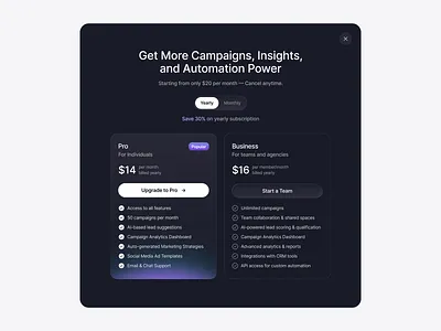 Upgrade Package - Pricing Modal UI Design ai app design automation branding campaigns design landing design marketing tool modal design package paywall pricing saas ui ui design upgrade ux ux design web app design web design