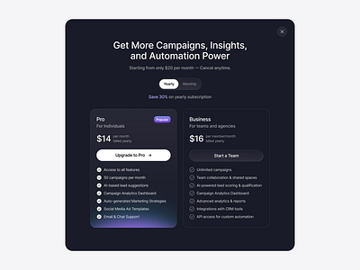 Upgrade Package - Pricing Modal UI Design ai app design automation branding campaigns design landing design marketing tool modal design package paywall pricing saas ui ui design upgrade ux ux design web app design web design