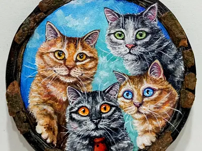 Original Round Painting, Cats Art by Ukrainian Artist, Cat Lover art cat hand painted handmade illustration paint painting pet round painting