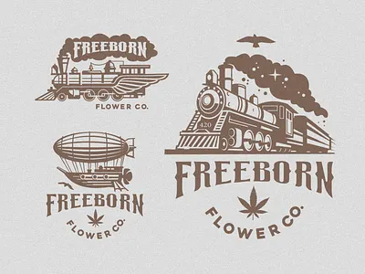 Freeborn Flower co. airship cannabis design flying illustration logo magic retro ship train vintage weed western
