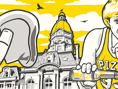 Azzip Pizza mural (part II) birds courthouse illustration indiana pizza sky