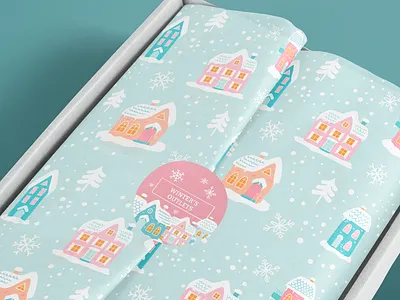 Pastel Holiday Mailer Materials holiday illustration mailer box packaging pastel sticker tissue paper village winter