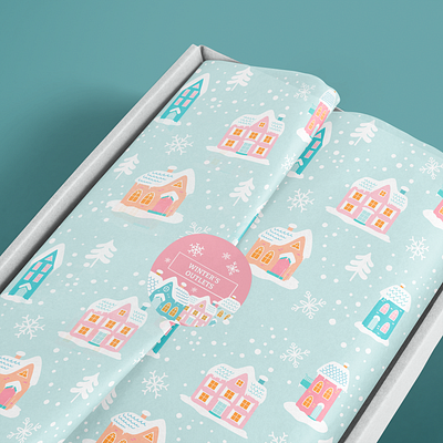 Pastel Holiday Mailer Materials holiday illustration mailer box packaging pastel sticker tissue paper village winter